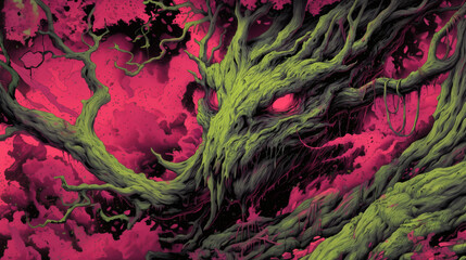 Mutant Tree-Serpent with Glowing Red Eyes in Twisted Forest Horror