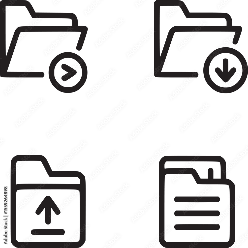 Poster four distinct folder icons depicting send download upload and file list on a white background