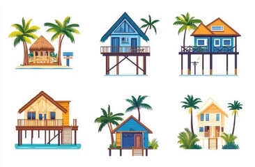 An array of distinct bungalow styles positioned on the shore in a contemporary illustrated format