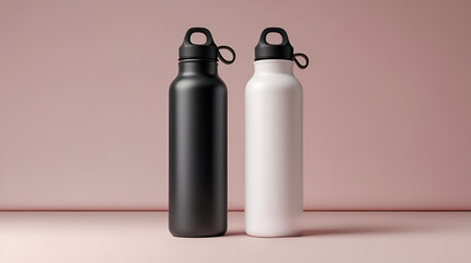 "Minimalist Water Bottle Mockup – Black & White Reusable Bottles on Soft Pink"

