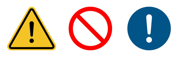 Flat design icon set featuring a yellow warning triangle, red prohibition sign, and blue mandatory exclamation symbol. Perfect for safety, alerts, and regulatory signs in vector format.