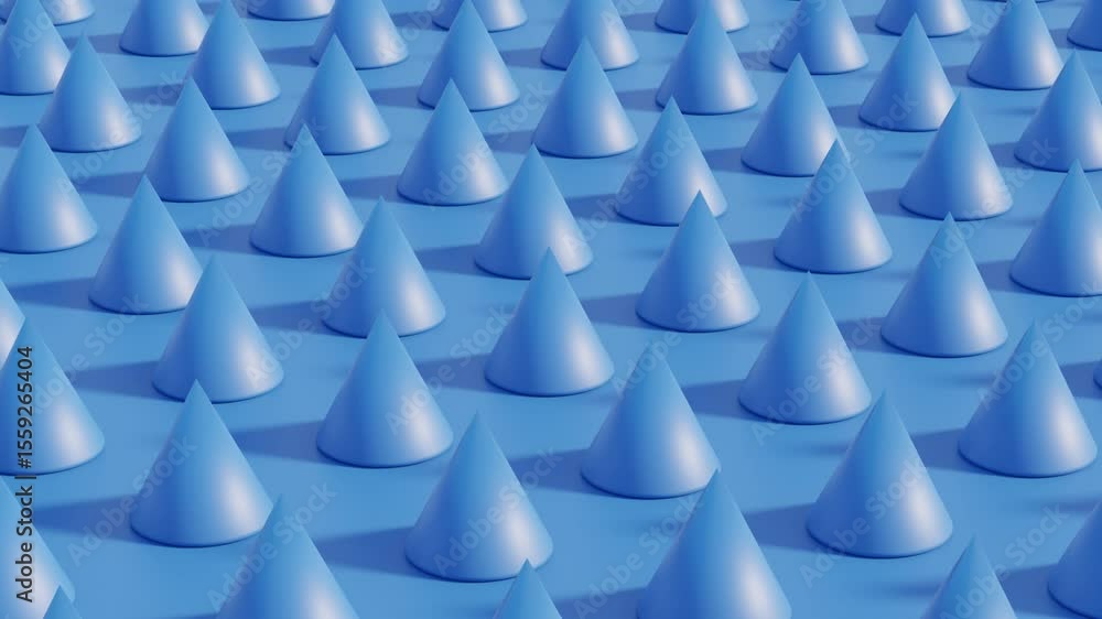Poster blue monochrome 3d geometric background with symmetrical cone shapes aligned in repetitive rows – se