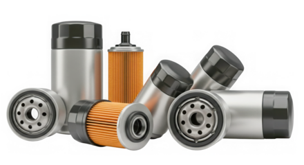 Collection of automotive oil filters isolated on transparent background