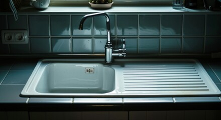 Obraz premium Modern Kitchen Sink with Chrome Faucet and Tile Backsplash in Natural Light