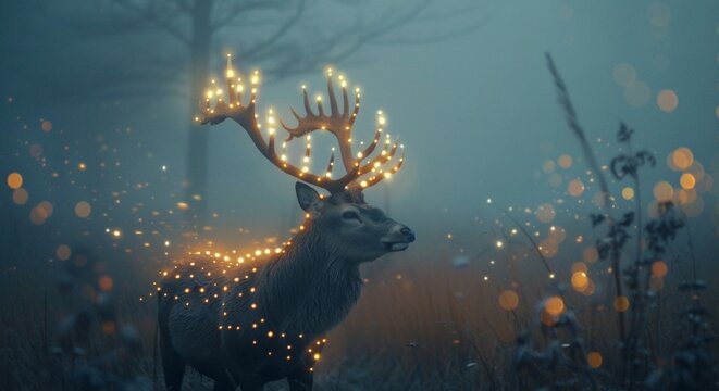 Majestic Deer with Glowing Antlers Amidst Enchanting Evening Glow