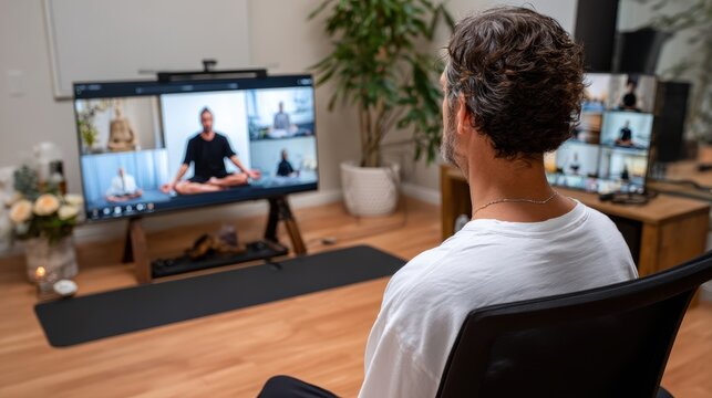 Young caucasian male attending virtual yoga class on television at home