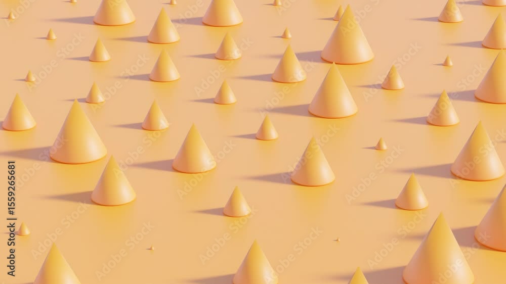 Poster vibrant orange 3d abstract background with cones in different sizes arranged in rows – seamless loop