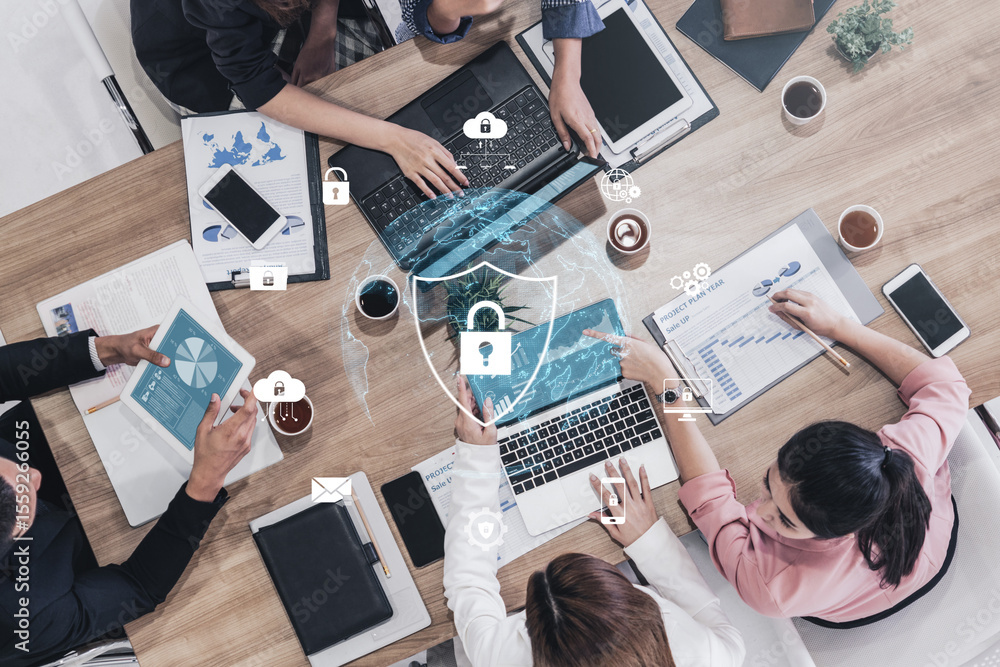 Poster cyber security protects against breaches, hacks, and network attacks using strong infrastructure and