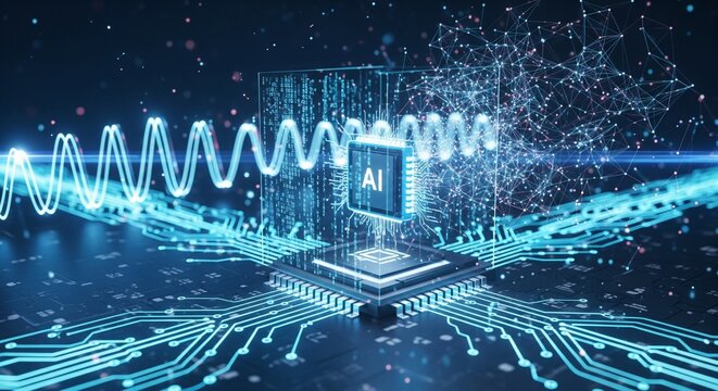 Neon AI Chip and Neural Network Visualization – High-Tech Artificial Intelligence Background, Excellent for editorial use, concept art in sci-fi media, or infographics about future technology trends