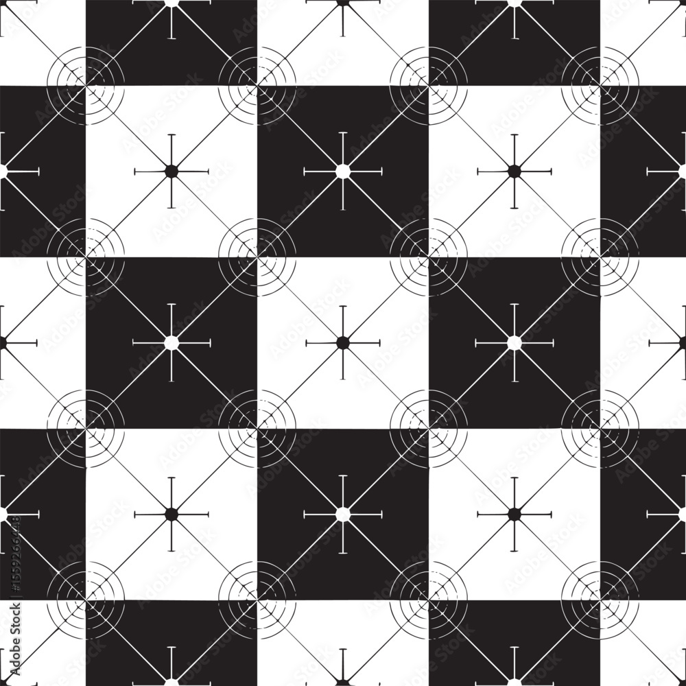 Poster black and white checkered pattern with circles and starbursts connected by diagonal lines design