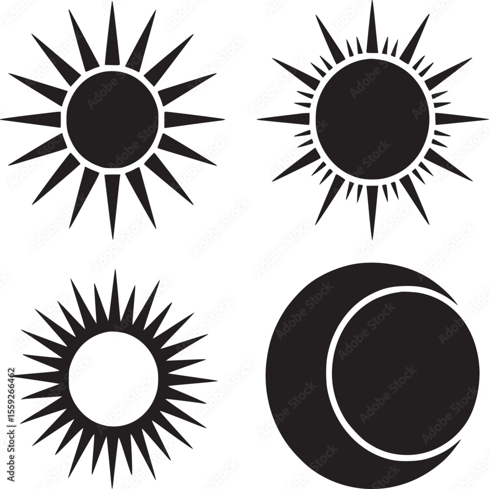 Poster a collection of four celestial icons featuring suns with varying rays and a crescent moon shape desi