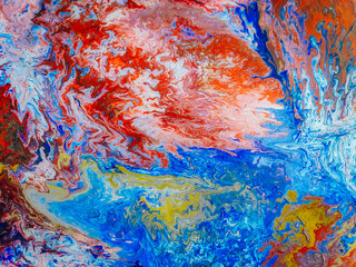 Bright abstract painting with swirling red, blue, white, and brown hues forming dynamic, fluid...