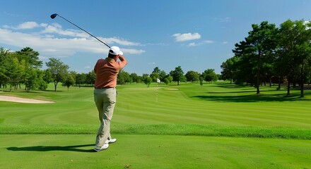 Golfer Taking a Swing on a Sunny Day at a Beautiful Golf Course