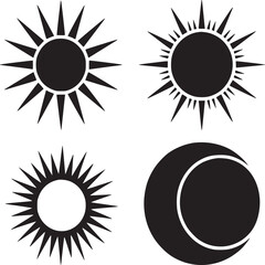 A collection of four celestial icons featuring suns with varying rays and a crescent moon shape design