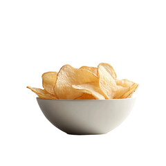 Potato Chips in Ceramic Bowl: Crispy, golden-brown potato chips elegantly presented in a minimalist ceramic bowl, evoking feelings of comfort and indulgence, perfect for snack enthusiasts.