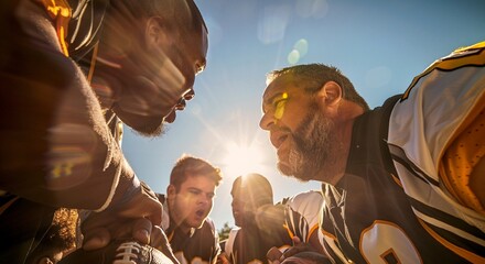 Determined American Football Team Huddling Before the Big Game with Sunflare