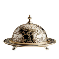 Ornamental Cloche of Elegance: A meticulously crafted, gold-plated cloche, exuding opulence and grandeur with its intricate engravings. An exquisite representation of timeless luxury.