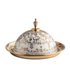Golden Decorative Dish: A detailed photograph showcases an exquisite porcelain dish, adorned with intricate golden patterns and a regal crown-shaped handle, radiating elegance.