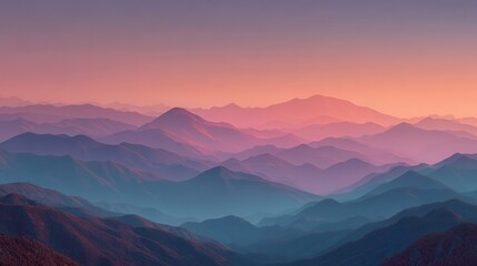 Beautiful landscape of distant mountain range with peaks covered in snow during the golden hour, bathed in soft pink, purple and blue pastel colors