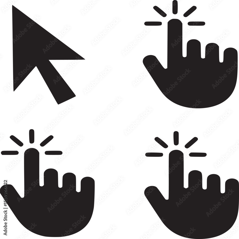 Poster illustration of a black cursor arrow and three hand pointer icons on a white background art