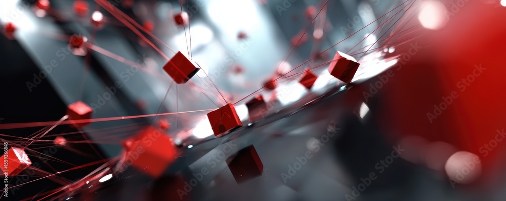 Poster abstract red and black 3d network of connected cubes on reflective surface