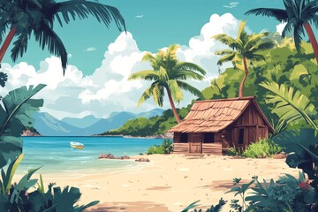 An island resort typically consists of a beachside cottage or a beach hut, with wooden houses on heaps, surrounded by palm trees and rocks, forming a cartoon-like seaside backdrop