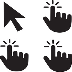 Illustration of a black cursor arrow and three hand pointer icons on a white background art