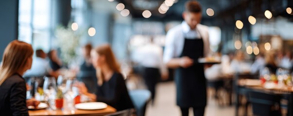 Blurred restaurant interior with caucasian male waiter serving patrons at dusk