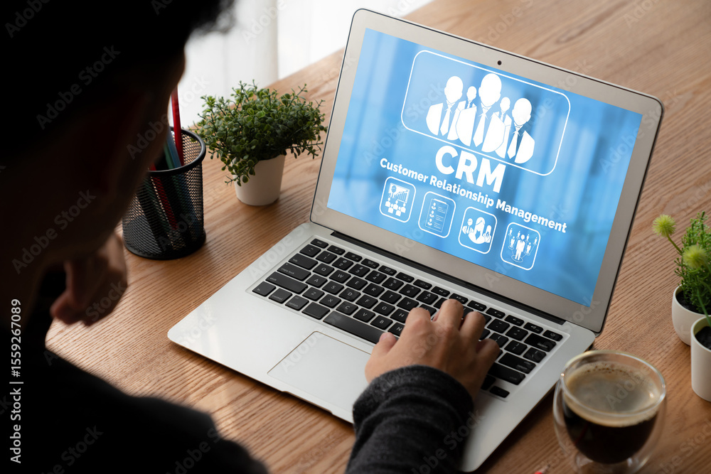 Aufkleber customer relationship management system on modish computer for crm business and enterprise