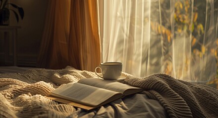 Cozy Morning with Tea and Book in Sunlit Bedroom by the Window