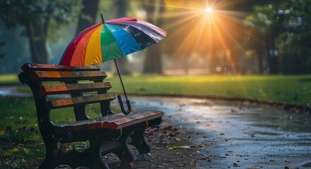Rain-Washed Park Bench with Colorful Umbrella in Sunlit Pathway