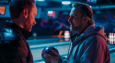 Two Friends Discussing Strategy in a Neon-Lit Bowling Alley