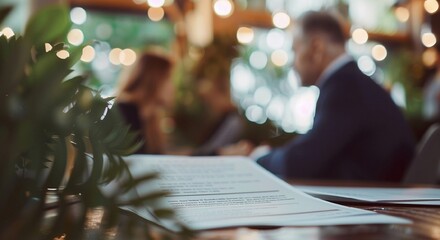 Blurred Business Meeting in Cozy Cafe with Documents on Wooden Table