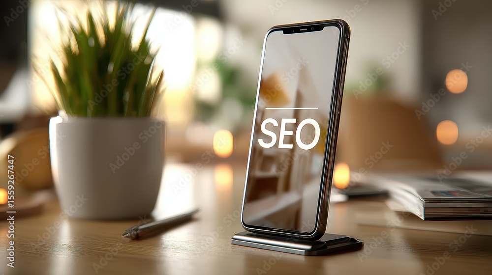 Poster smartphone on desk with seo displayed on screen in modern office setting
