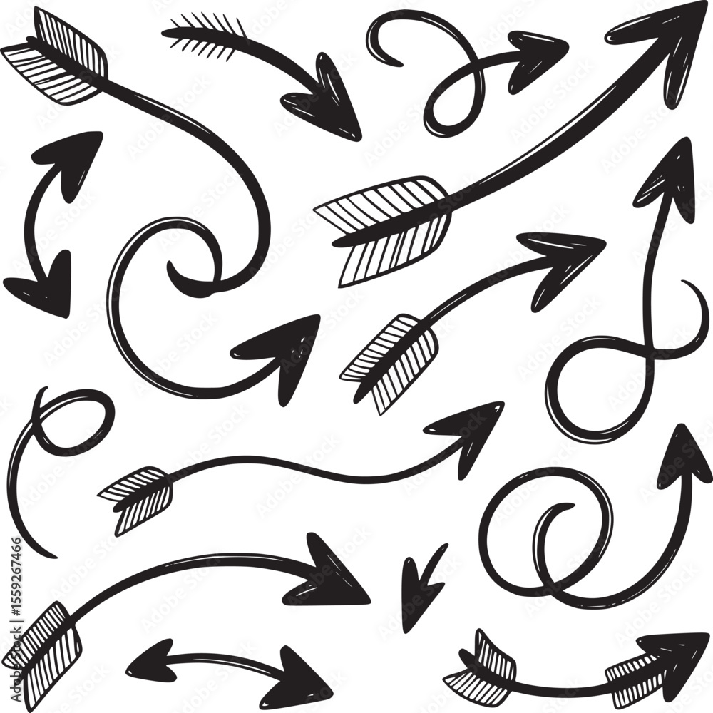 Poster collection of hand drawn black arrows with different styles pointing in various directions isolated
