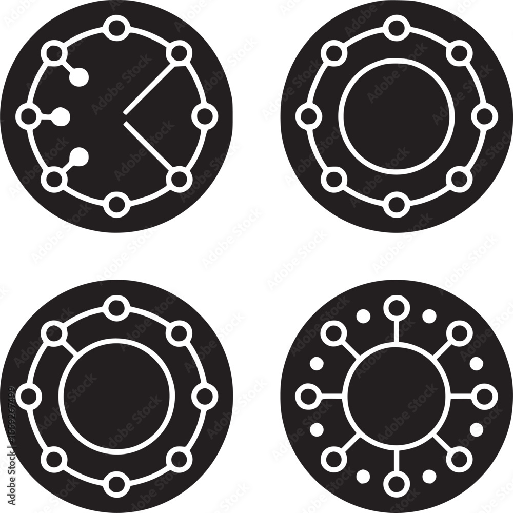 Aufkleber four black circular diagrams with white lines and circles arranged in different configurations