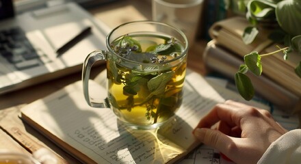 Herbal Tea in Glass Mug on Notebook with Hand and Plants