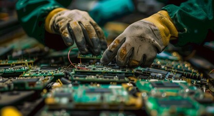 Technician's Hands Repairing Electronic Circuit Boards in a Factory Setting