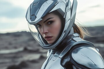 A female astronaut wearing a sleek silver suit navigates a desolate alien terrain. The stark landscape emphasizes the isolation of space exploration amidst dark rocky formations