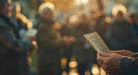 Elderly Hands Holding Paper Amid Blurred Crowd in Warm Sunlight