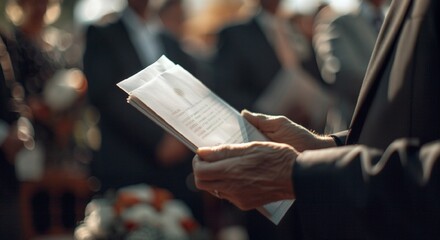 Man Holding Document at Formal Gathering Outdoors