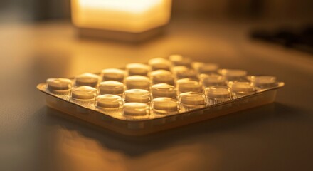 Midjourney Theme Golden Blister Pack of Pills Illuminated by Warm Light