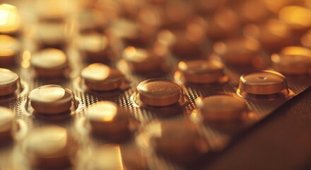 Close-Up of Golden Blister Packs with Pills in Warm Lighting