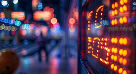 Vibrant Bowling Alley Lights Reflecting Score Display in Blur