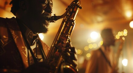 Talented Saxophonist Performing Jazz in Warmly Lit Music Venue
