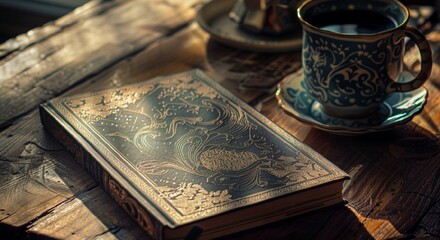 Elegant Vintage Book and Ornate Teacup on Rustic Wooden Table
