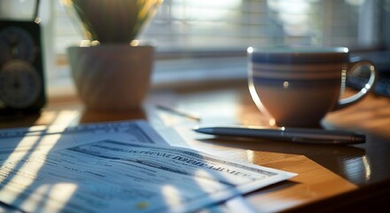 Cozy Morning Workspace with Documents and Coffee on a Sunlit Desk