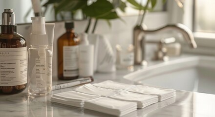 Elegant Bathroom Counter with Skincare Products and Tissues in Natural Light