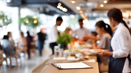 Busy restaurant interior with diverse staff and patrons in a modern setting