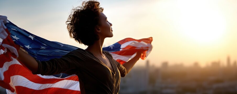 Young african female holding american flag at sunset